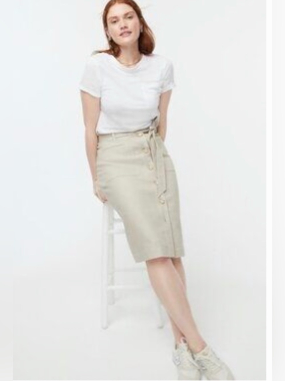 J.Crew Beige Button-Front Skirt in Stretch Linen with Removable Tie Waist Size